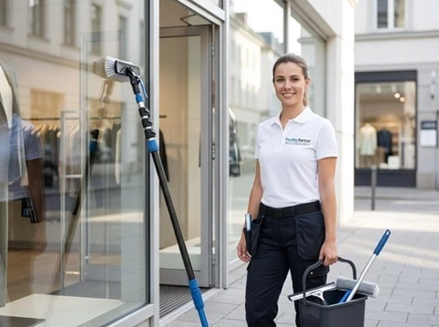 Nettoyage de la vitrine d'un magasin par Facility Partner