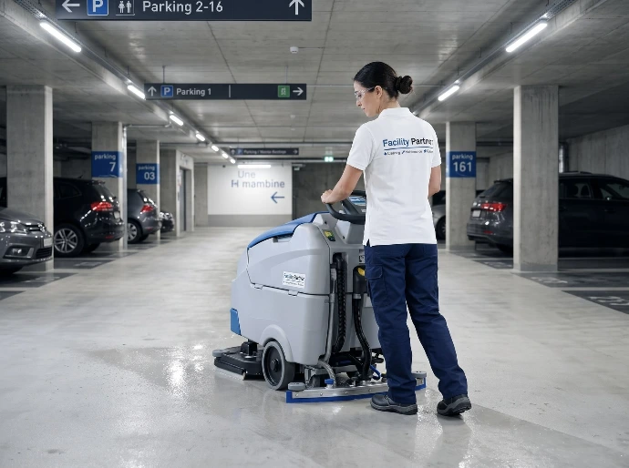Nettoyage d'un parking souterrain à l'autolaveuse par Facility Partner