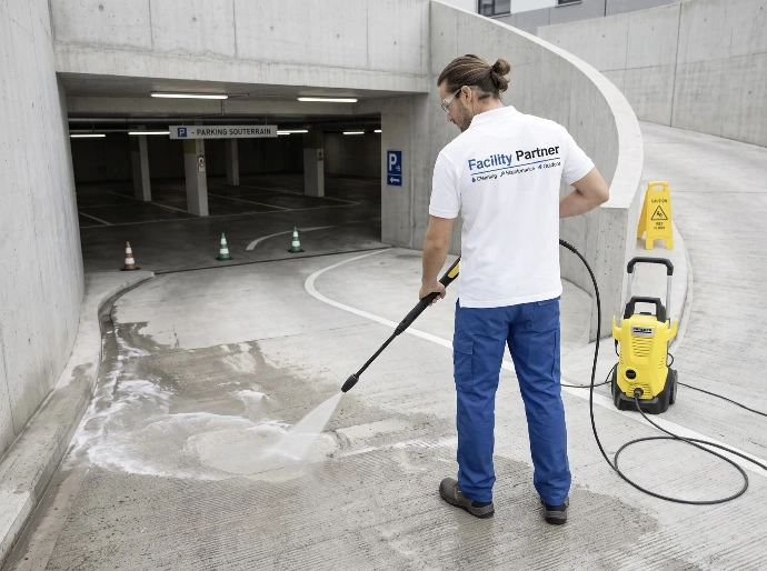 Nettoyage haute pression d'une rampe de parking par Facility Partner