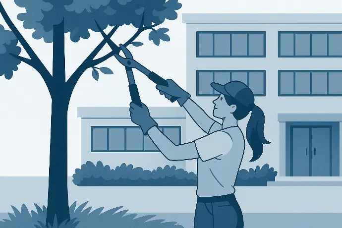 Femme réalisant l’élagage d’un arbre dans un espace vert de copropriété