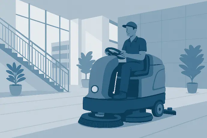 Agent utilisant une autolaveuse pour nettoyage professionnel
