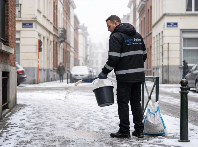 Salage d'un trottoir devant un immeuble à Bruxelles