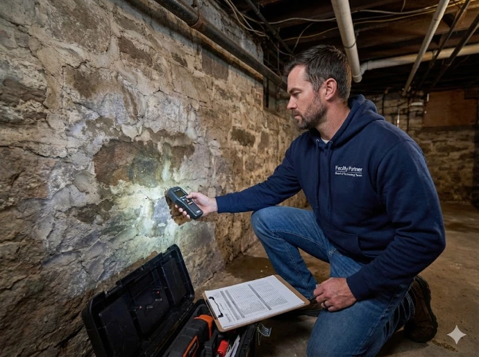 Diagnostic technique d’humidité dans un mur de bâtiment par expert Facility Partner