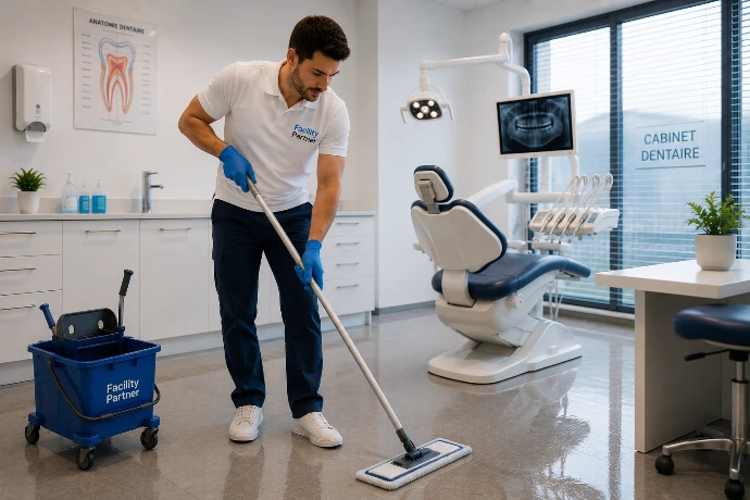 Entretien et lavage des sols d’un cabinet dentaire par Facility Partner.